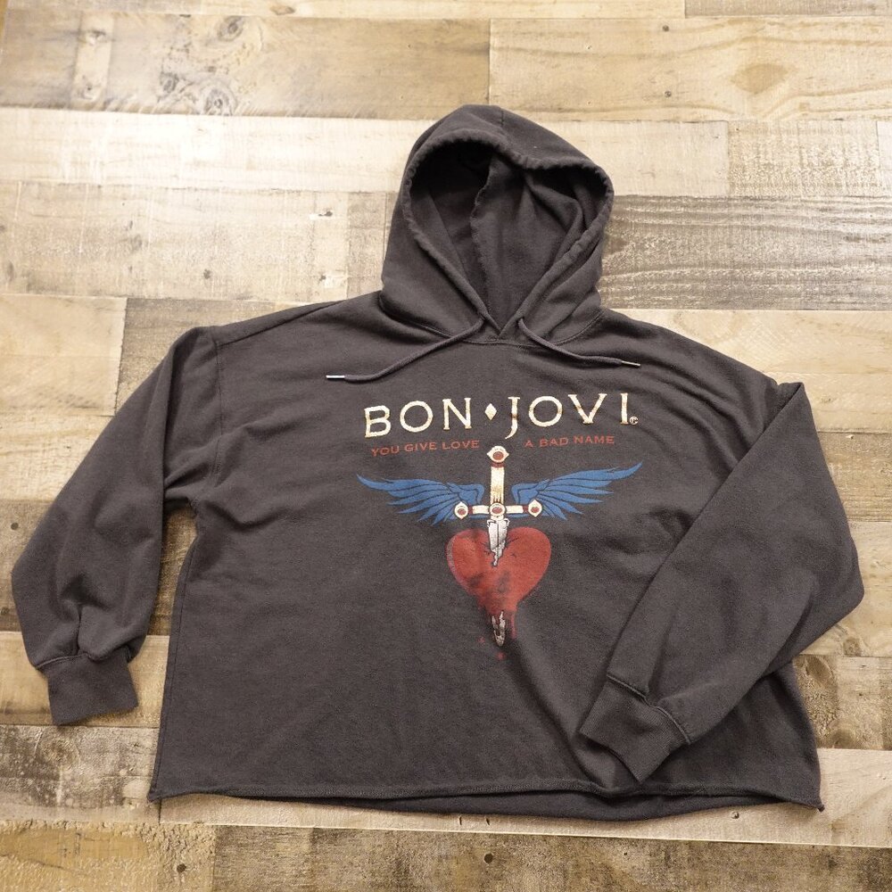 The Vinyl Icons Bon Jovi you give love a bad name oversized crop hoodie wmns 3